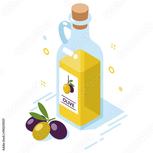 Isometric olive oil bottle with olives and leaves on white background
