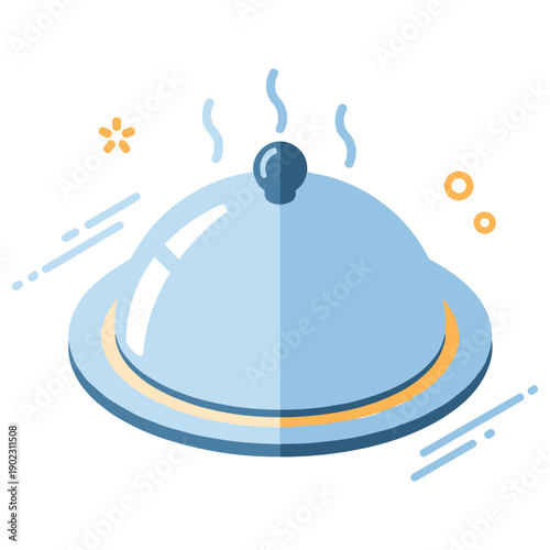 Cartoon style cloche with steam and decorative elements on white background