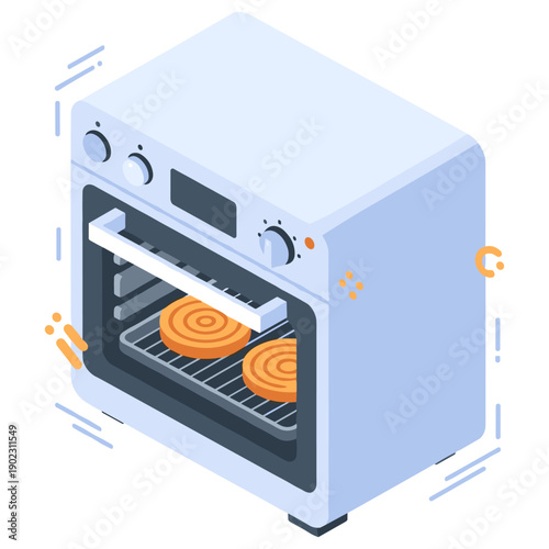 Isometric illustration of an electric oven with two pizzas baking inside