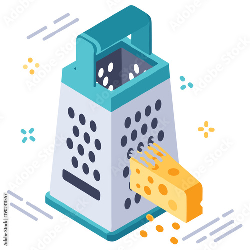 Isometric cheese grater with block of cheese in motion