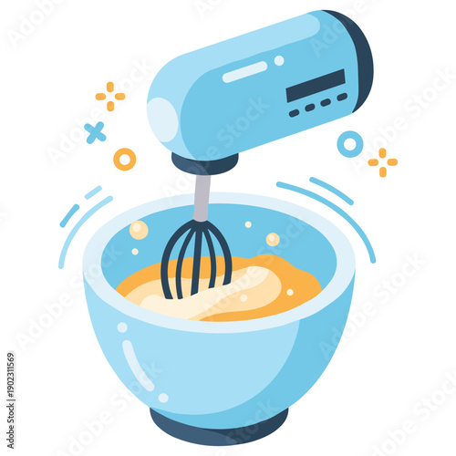 Electric mixer whisking ingredients in blue bowl