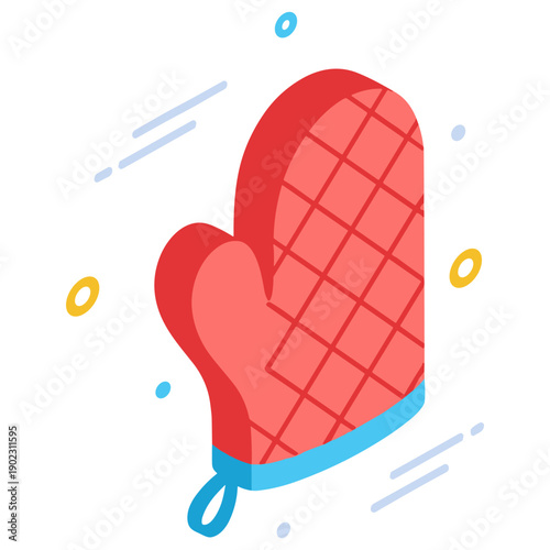 Red quilted oven mitt illustration with blue trim in minimalist style