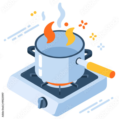 Cooking pot on gas stove with boiling water and steam illustration