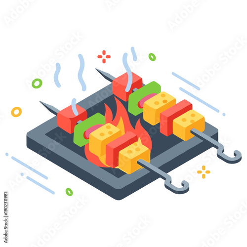 Colorful vegetable and cheese skewers on grill with flames and steam