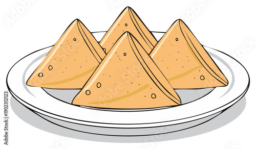 Triangle Samosas on Plate, Indian Savory Pastries, Traditional Street Food, Vegetarian Snack