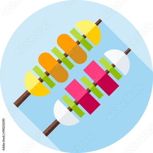Colorful skewers stacked with meat, veggies and round pieces on cool blue circular background, festive grilled kebab icon in bright playful flat style


