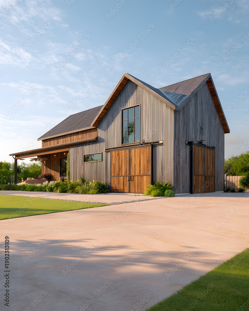 Obraz premium New barn style house stands in a green yard with clear skies and a concrete path in bright daylight