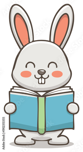 Cute cartoon rabbit character reading a book with joy and bright eyes