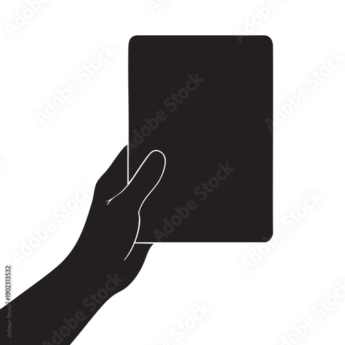 Holding a blank piece of paper vector outline illustration, black simple hand silhouette with empty square sheet isolated on white background