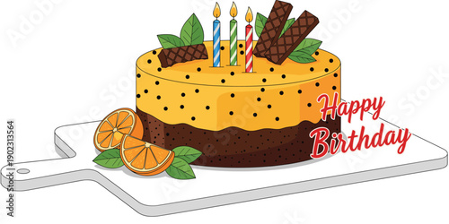 Birthday cake with candles and chocolate decorations on serving board happy birthday celebration flat vector illustration