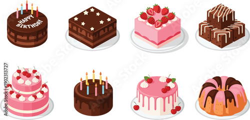 Birthday cakes collection with chocolate strawberry and cream desserts isolated on white background flat vector illustration