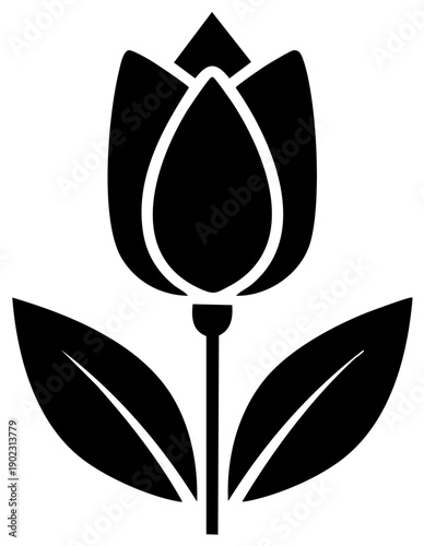 Stylized tulip flower icon. Black and white floral vector illustration with stem and leaves.