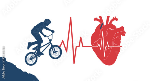 Cyclist riding a bicycle with a heartbeat rhythm symbolizing cardiovascular health and fitness.