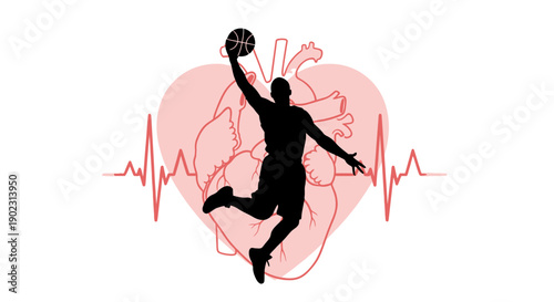 Silhouette of a basketball player dunking with a heartbeat rhythm in the background.