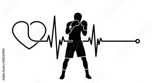 Boxer silhouette with heart rate monitor line and heart symbol.