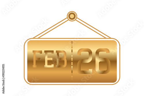 26 February calendar single day, week vector, illustration icon. golden and white color background calendar page vector for of the month February 26