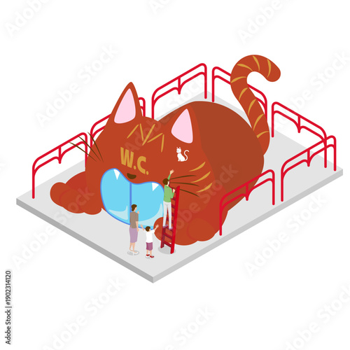 猫の形をしたユニークな公衆トイレ・パビリオンのアイソメトリックイラスト