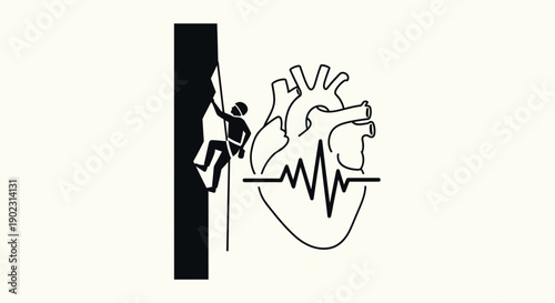 Person climbing wall with heart rate monitor illustration.