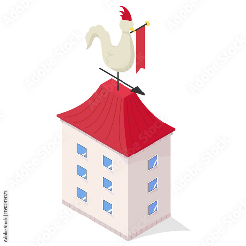 アイソメトリックな風見鶏のあるアパートのイラスト（住宅・街並み・レトロ）