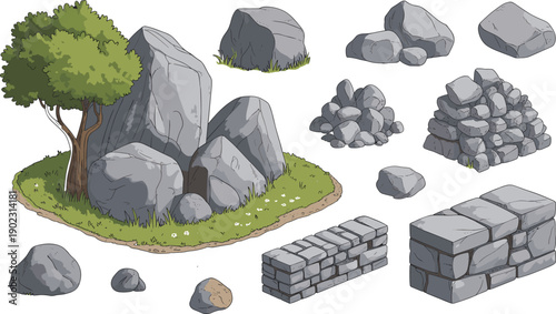 Rock formations, stone structures, grassy terrain, tree with rocks, stone walls, boulders, stacked stones, landscape design, geology illustration, fantasy environment, game art asset