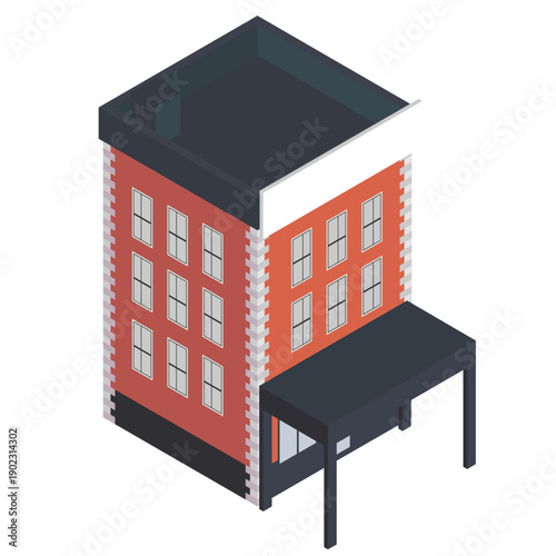 赤レンガ調のモダンなオフィスビル・中層マンションのアイソメトリックイラスト