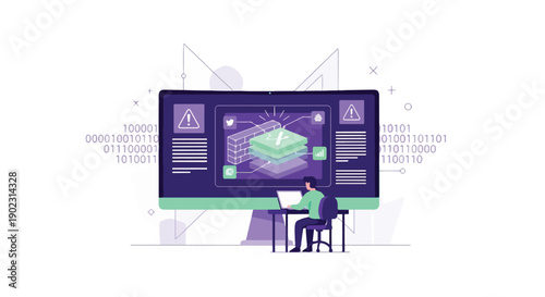 Programmer working on a computer screen displaying a complex data visualization and code, representing technology and data analysis.