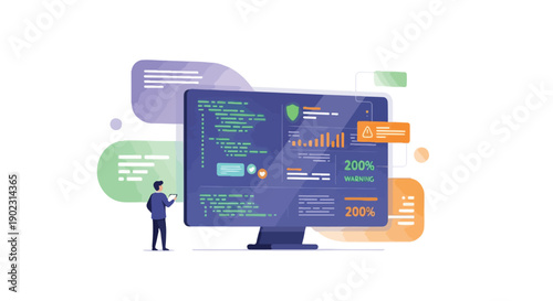 Computer screen displaying code and analytics with a person standing next to it, representing technology and business data analysis.