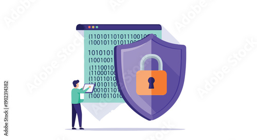 Cybersecurity concept: secure data protection with shield, binary code and tiny person working on laptop