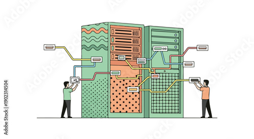 Two people connecting cables to a server rack, representing data center infrastructure, network, and technology.