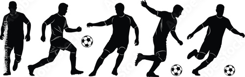Vector illustration of soccer silhouettes—symbols for athletic movement, ball control, kicking posture, sports training, teamwork gesture, and competitive energy