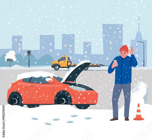 Man Calling Tow Truck for Broken Car on Snowy Winter Road. Vector cartoon flat style illustration