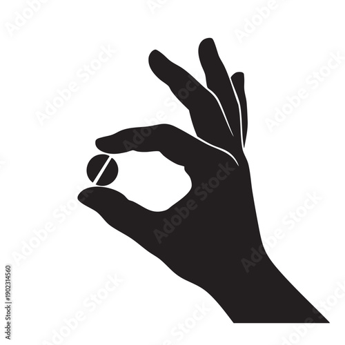 Hand holding round pill between thumb and index finger, medical intake, dosage, medication reminder, health care, pharmacy drug, therapy, treatment, medicine capsule