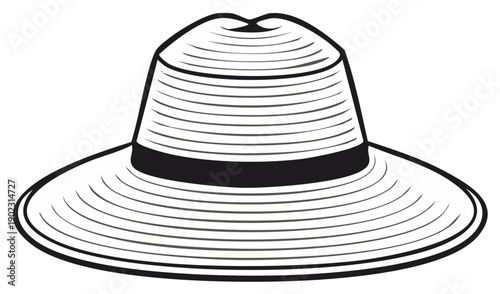 Black and white illustration of a wide brimmed hat.