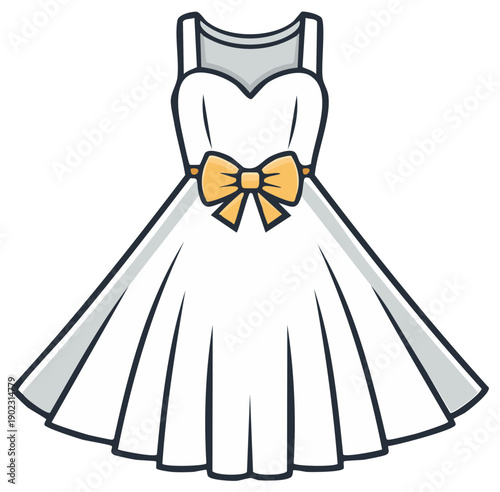 Elegant white dress with yellow bow, wedding dress fashion illustration, special occasion attire, vector clip art, design element
