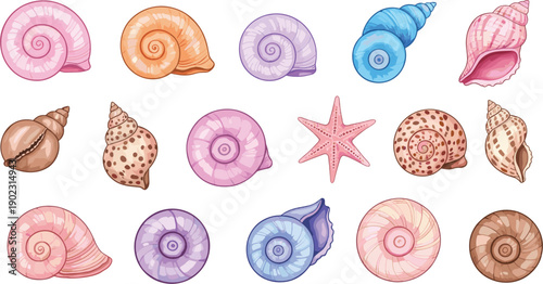 Beautiful collection of pastel sea shells and starfish featuring spiral snails nautilus and conch shapes for beach summer decor and marine life.
