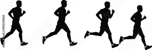 Vector illustration of running silhouettes—symbols for athletic stride, fitness training, sports motion, exercise posture, dynamic movement, and human biomechanics study