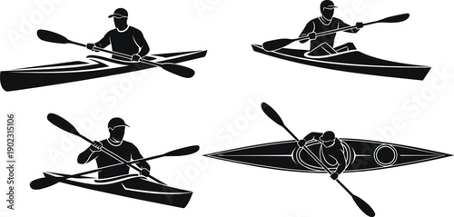 Black and white kayaking silhouette illustrations showing diverse paddling techniques, side and top views for outdoor sport, recreation, and adventure design
