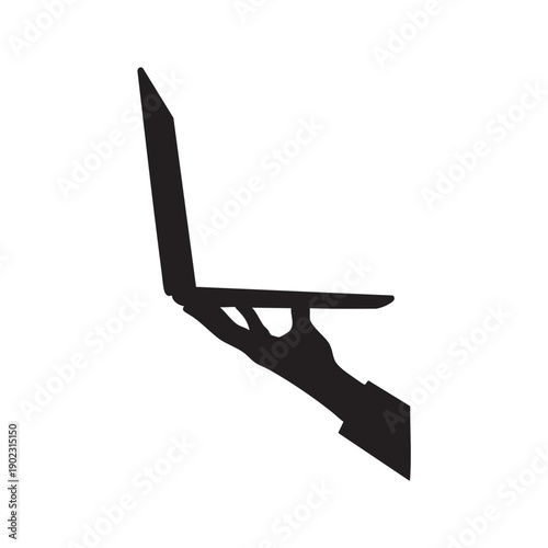 Silhouette of hand holding laptop computer representing portable workstation remote work digital business or information technology services isolated on white background for professional vector design