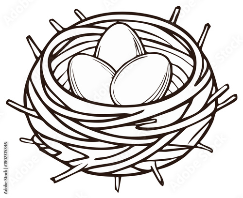 Bird Nest with Three Eggs Outline Illustration Nature Spring Concept