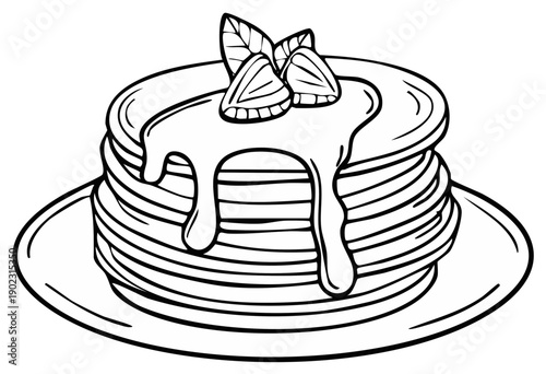 Delicious Stack of Pancakes Drizzled with Sweet Syrup Topped with Sliced Strawberries and Fresh Mint Leaves Outline Art