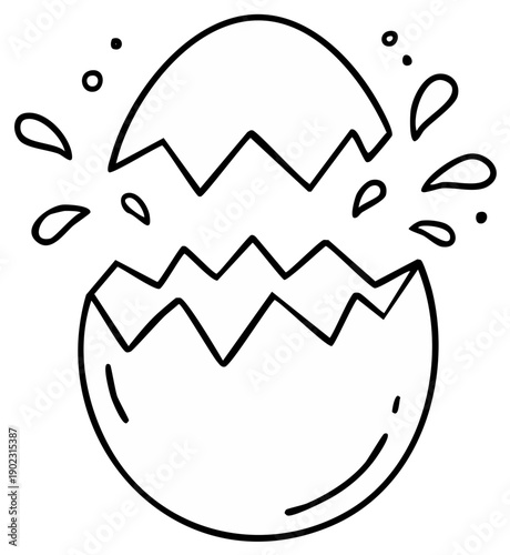 Cracked egg cartoon illustration, shell in two parts with water drops.