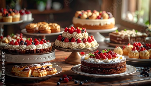Elaborate Dessert Table with Assorted Cakes and Berry Toppings in Warm Lit Rustic Setting