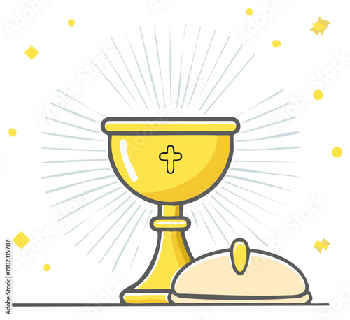 Eucharist elements representation with golden chalice and bread, holy communion illustration
