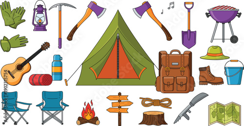 Outdoor camping equipment set featuring green tent backpack campfire acoustic guitar charcoal grill folding chairs lantern axes shovel map and hiking boots.