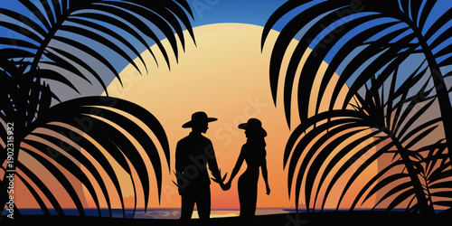 Silhouetted couple holding hands beneath palm trees at sunset