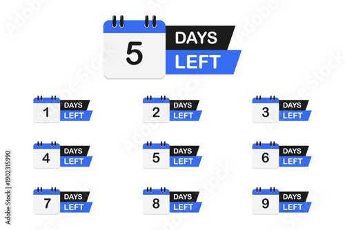 Countdown number 1, 2, 3, 4, 5, 6, 7, 8, 9, of days. Sale time countdown. Count down vector banner template. Number of days left. Promotional banners. Offer timer, sticker limited to few days