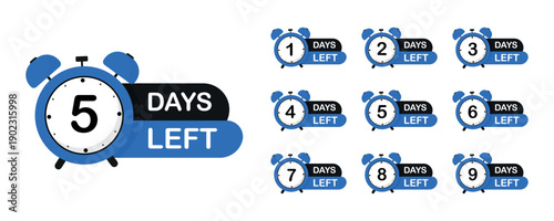 Countdown number 1, 2, 3, 4, 5, 6, 7, 8, 9, of days. Sale time countdown. Count down vector banner template. Number of days left. Promotional banners. Offer timer, sticker limited to few days