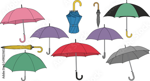 Colorful umbrella collection featuring open and closed styles in red pink purple green and grey for rain protection weather and seasonal design