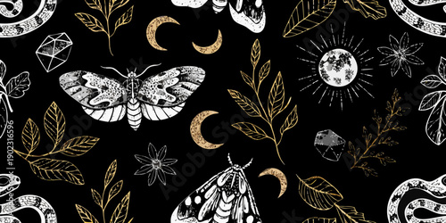 Mystical seamless pattern featuring moths moons crystals and botanical elements