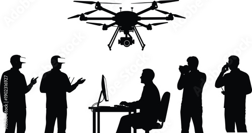 Vector illustration of drone operation silhouettes—symbols for UAV technology, aerial photography teamwork, modern gadget use, professional collaboration, and innovation culture